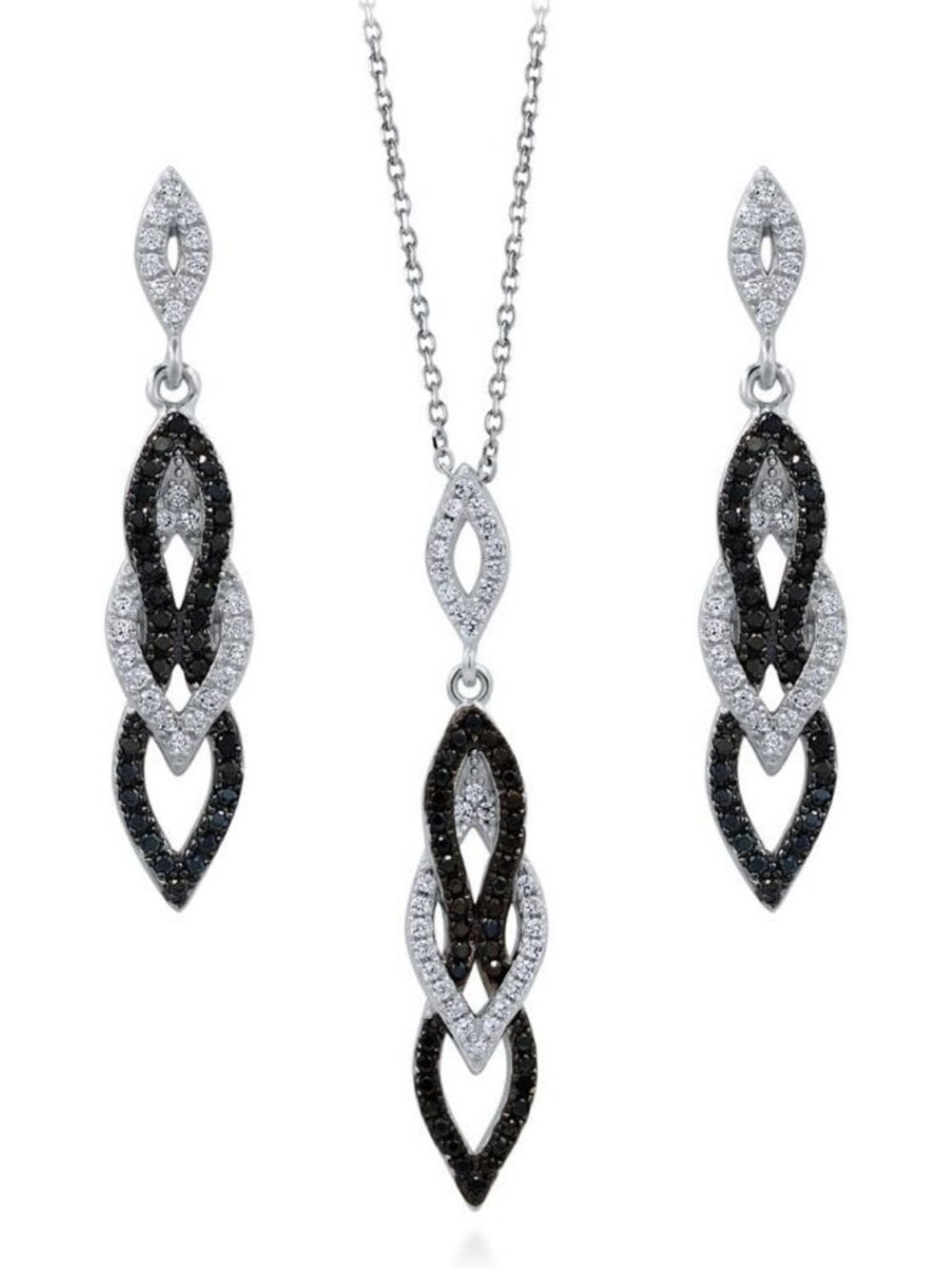 Elegant Black & White CZ Necklace & Earrings Set, Rhodium Plated Jewelry for